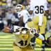 Notre Dame safety Matthias Farley beats his hands on the ground in frustration after a penalty during the first half at Michigan Stadium on Saturday, September 7, 2013. Melanie Maxwell | AnnArbor.com